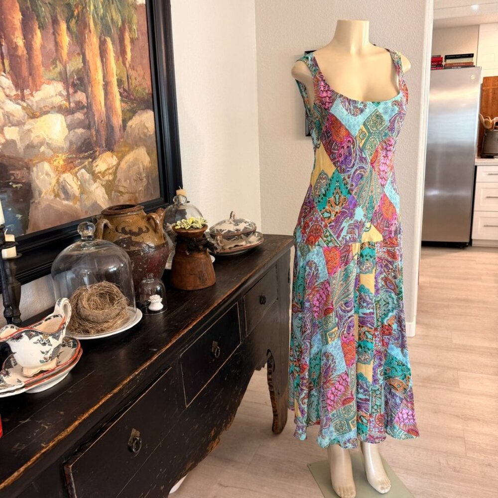 sundance SILK SUN DRESS midi block print sleeveless deep plunge neckline
